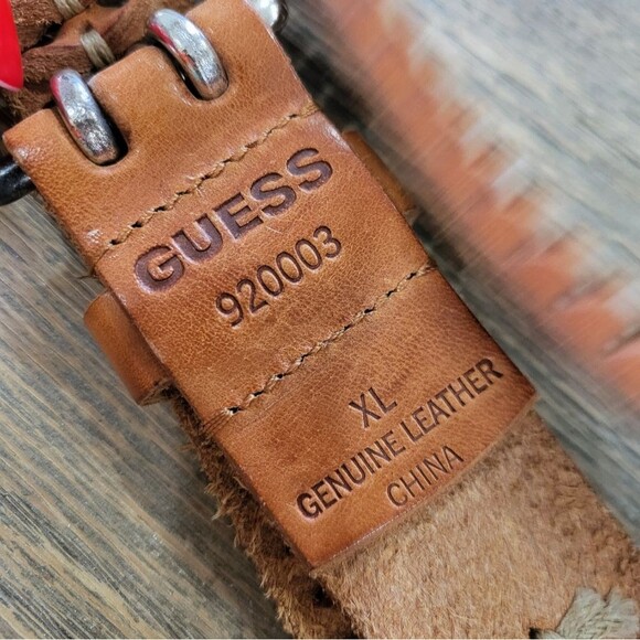 Guess Tan Leather Stitch Braid Belt SZ XL 920003 Silver Tone Solid Brass DOUBLE - Picture 2 of 9
